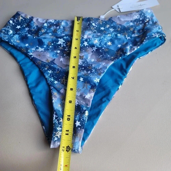 NWT B SWIM Nebula Blue Gold Set Triangle Top High-Waist Bikini Swim Bottom Sz L - Picture 6 of 16